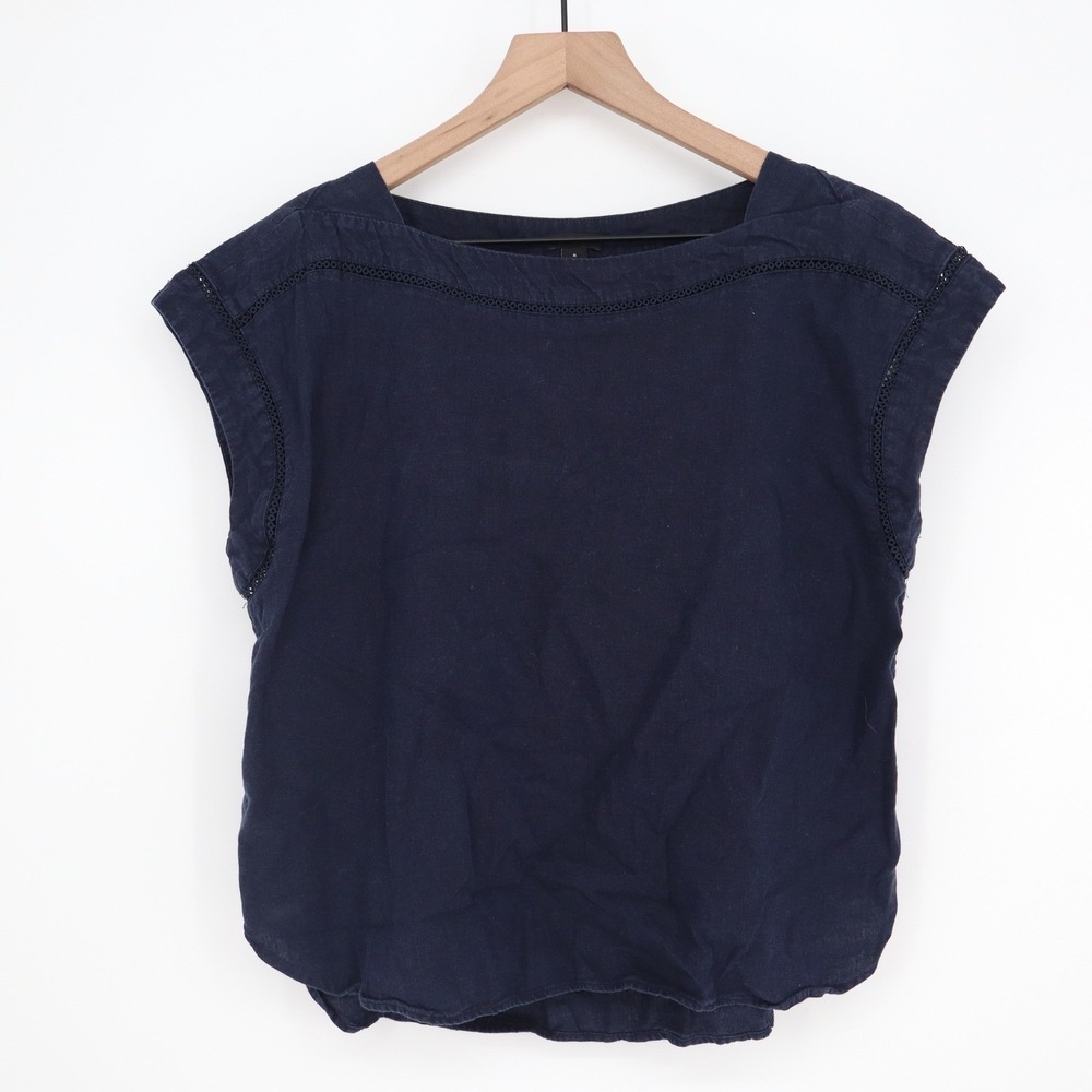 Ann Taylor Navy Blue Linen Blend Cap Sleeve Crochet Lace Trim Blouse Size M - Picture 2 of 5
